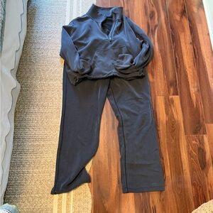Lululemon black softstream 1/4 zip (size 14), wide leg pant (size 12) set.